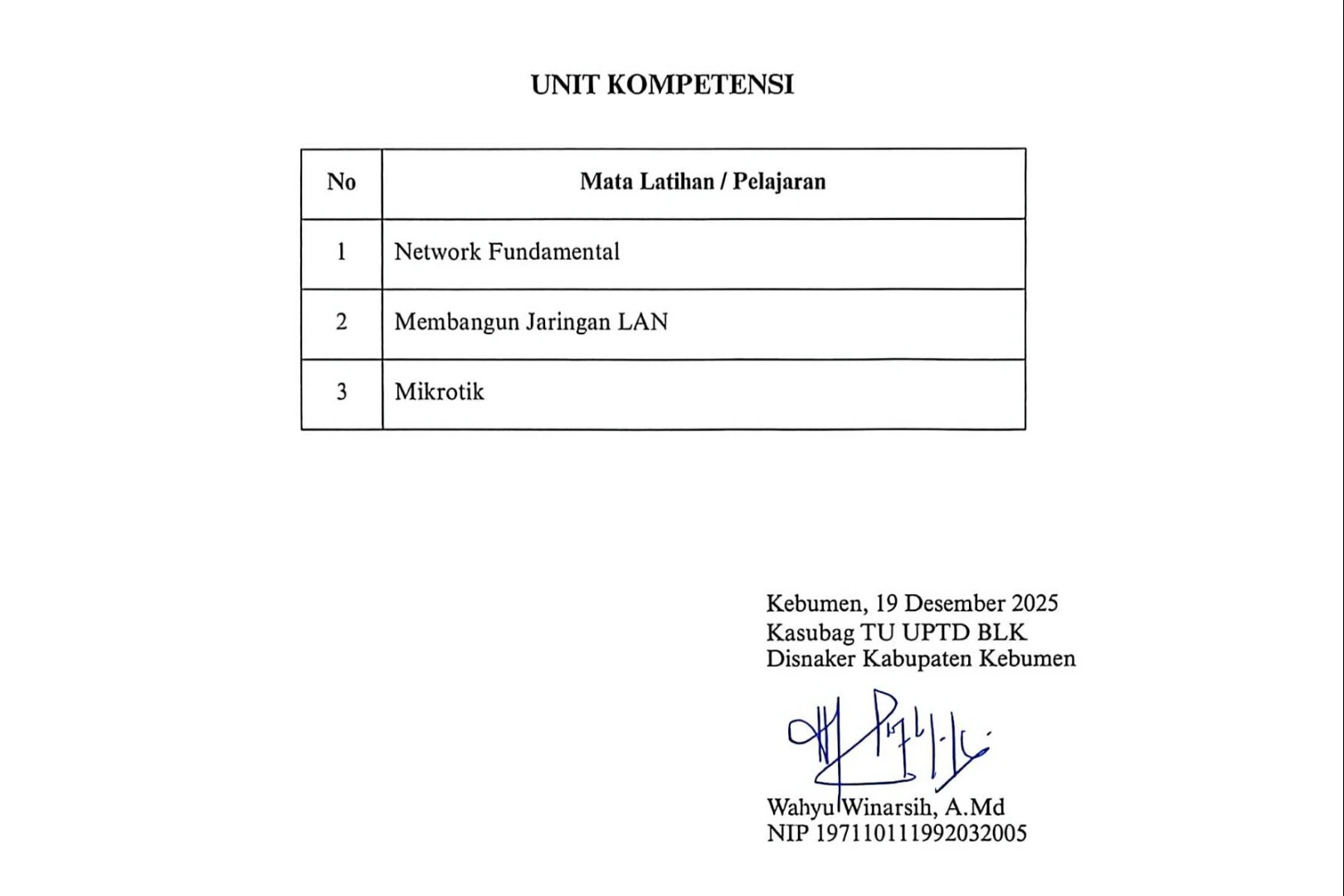 Sertifikat PKL UPTD BLK Kebumen - Unit Kompetensi